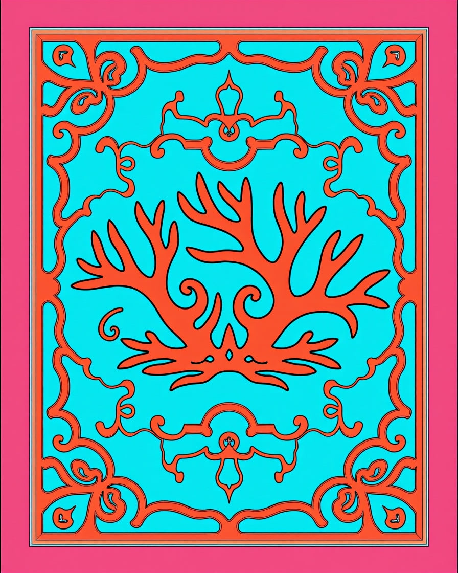 Coral Branch Aqua Decorative Frame Rug
