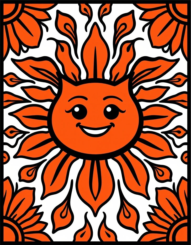 Whimsical Orange Smiling Sun Flower Rug