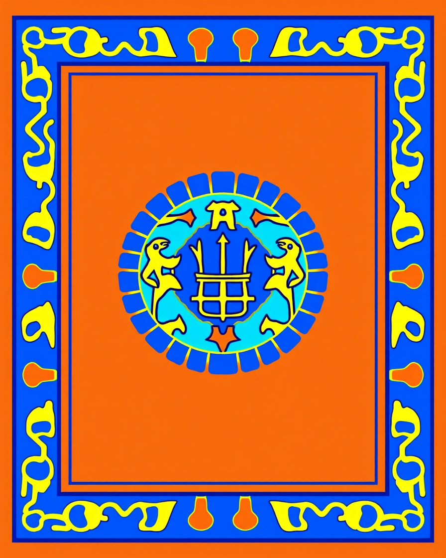 Vibrant Orange Blue Yellow Medallion Border Rug