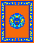Vibrant Orange Blue Yellow Medallion Border Rug