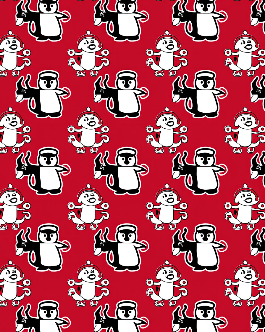 Red Black White Penguin Repeat Rug