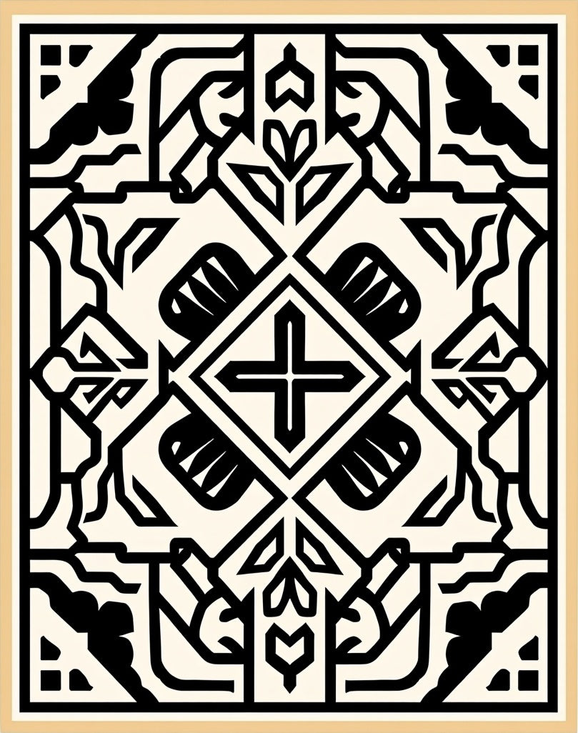 Bold Black Ivory Geometric Medallion Rug