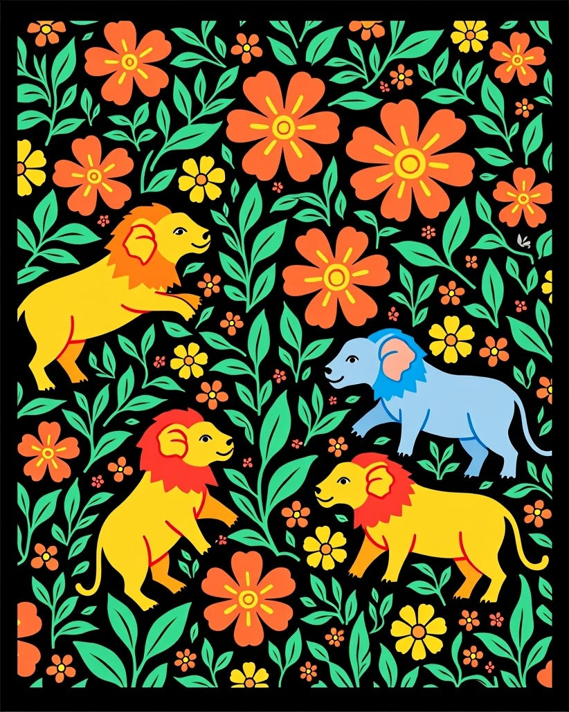 Bright Yellow Lions Green Foliage Rug