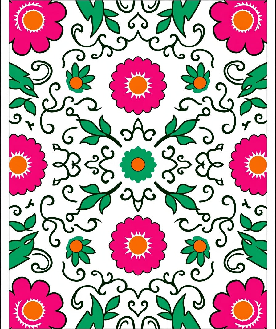 Vibrant Pink Green Floral Folk Art Rug