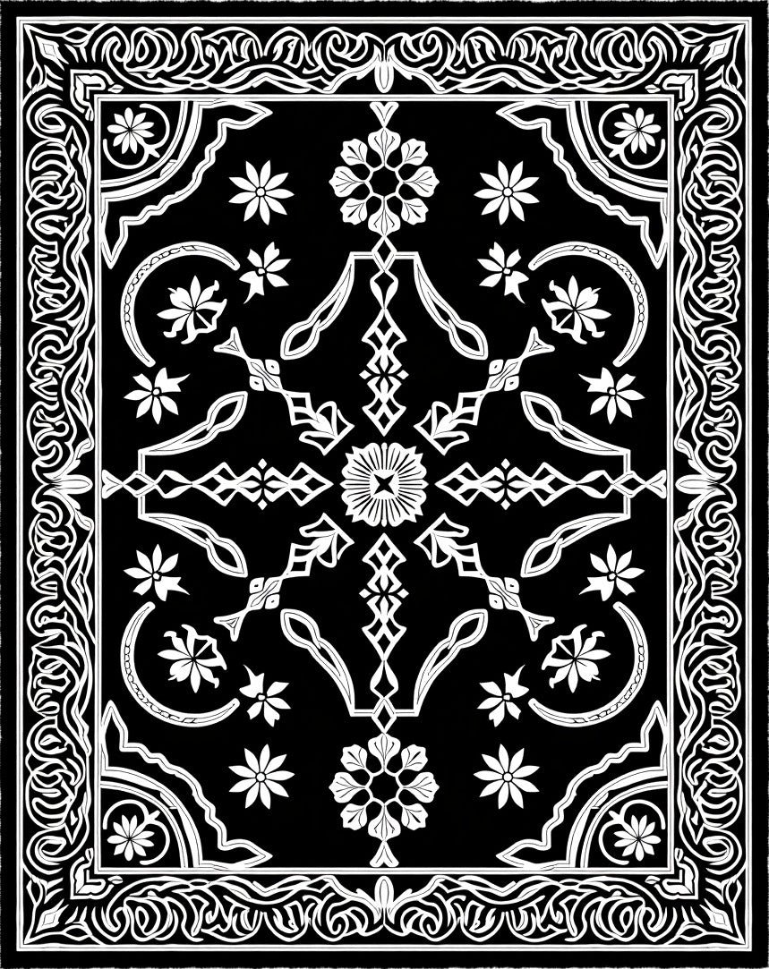 Classic Black White Floral Medallion Border Rug
