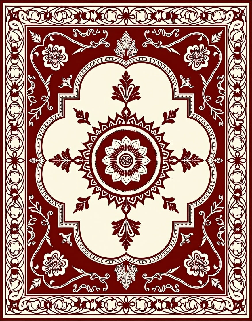 Rich Crimson Bloom Scrollwork Square Rug