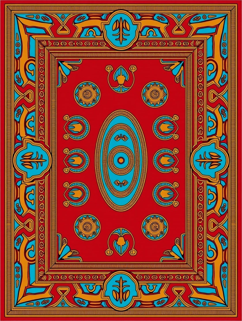 Bright Red Golden Blue Medallion Rug