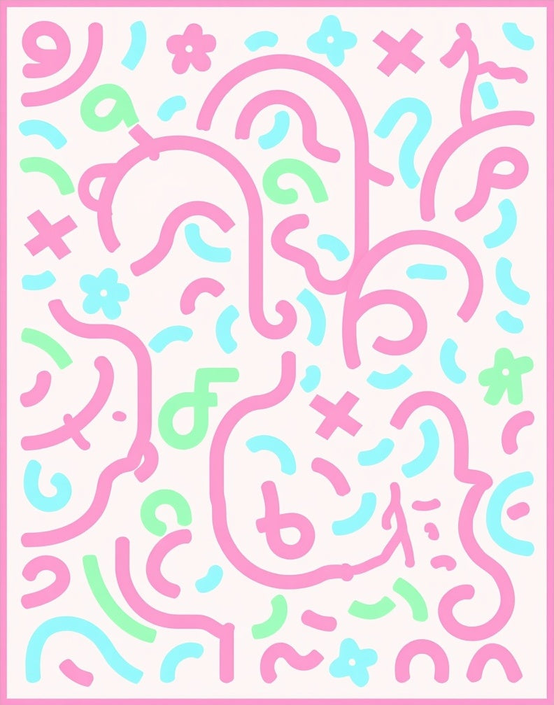 Pink Blue Green Abstract Doodle Rug