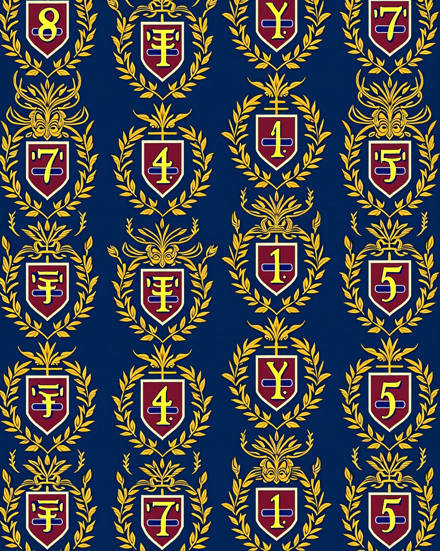 Navy Blue and Gold Crest Motif Rug