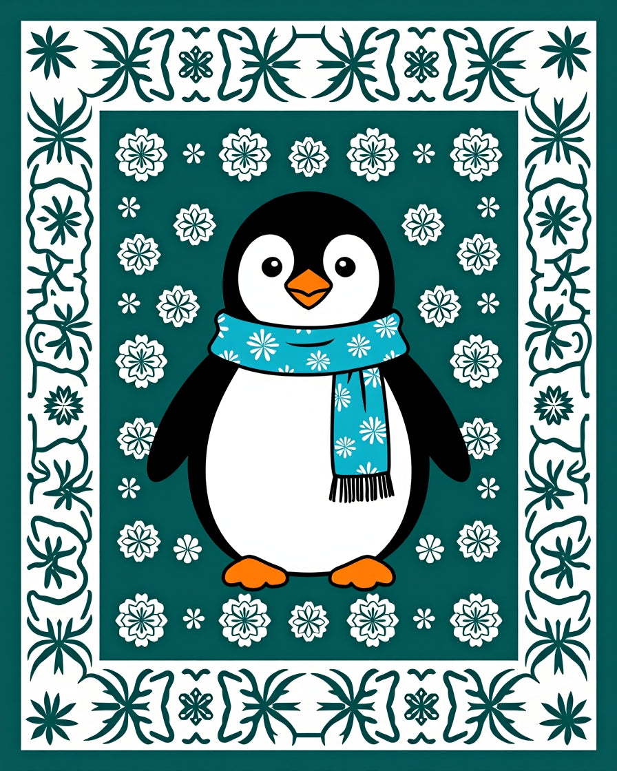 Festive Teal Penguin Snow Flake Border Rug