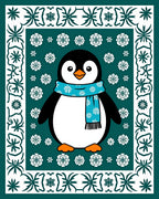 Festive Teal Penguin Snow Flake Border Rug