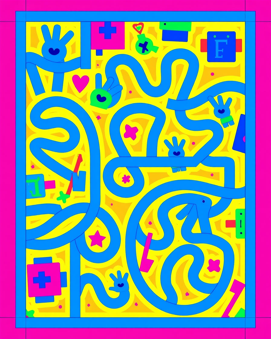 Vibrant Blue Heart Pink Maze Rug