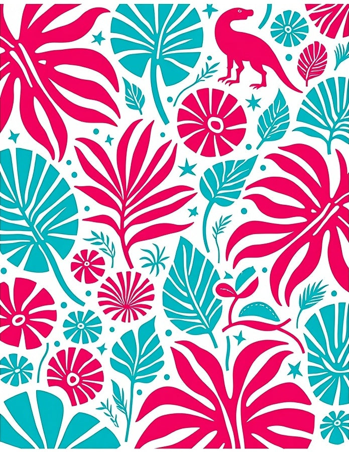 Bright Coral Teal Tropical Dino Flora Rug