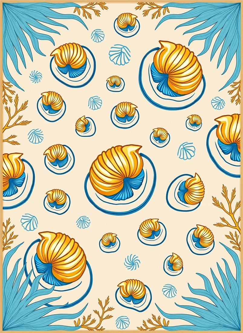 Nautical Gold Nautilus Blue Shells Rug
