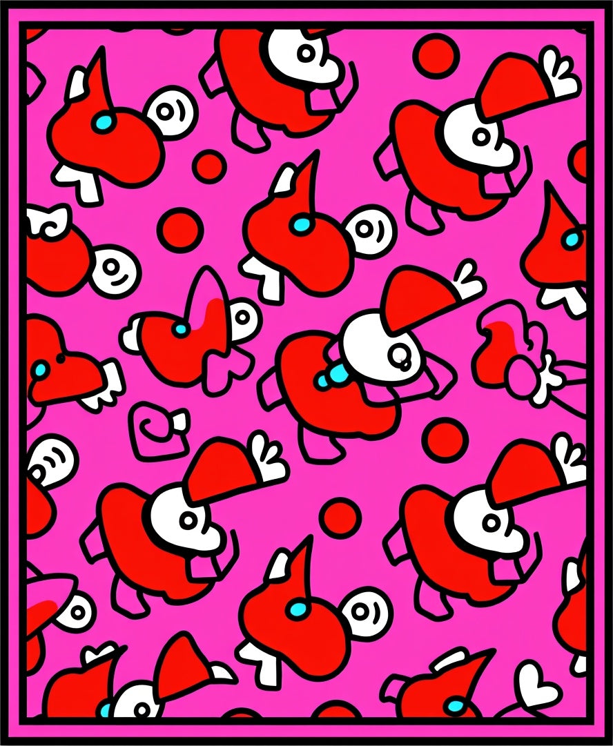 Vibrant Red Cartoon Creatures Pink Background Rug