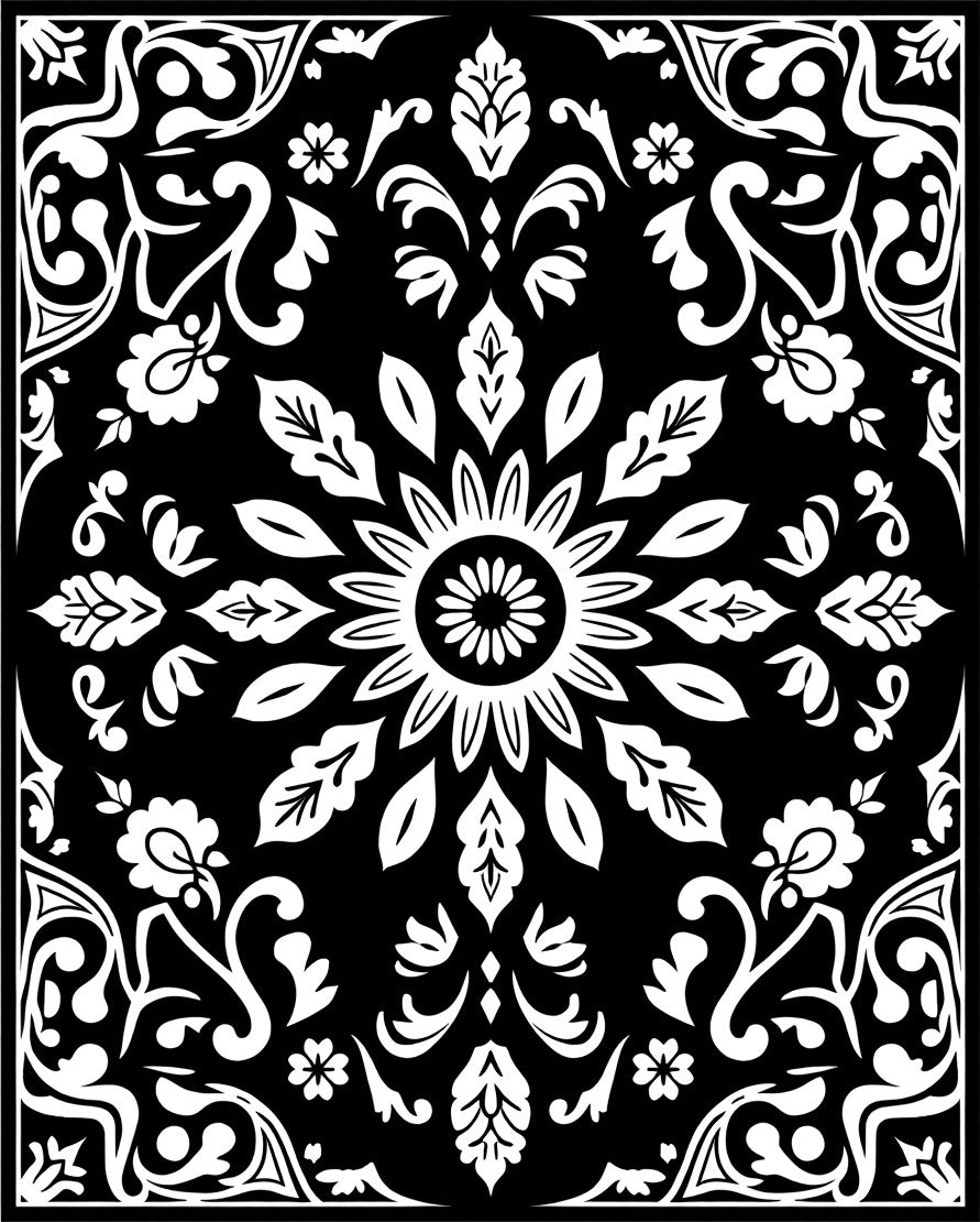 Black White Floral Mandala Rug