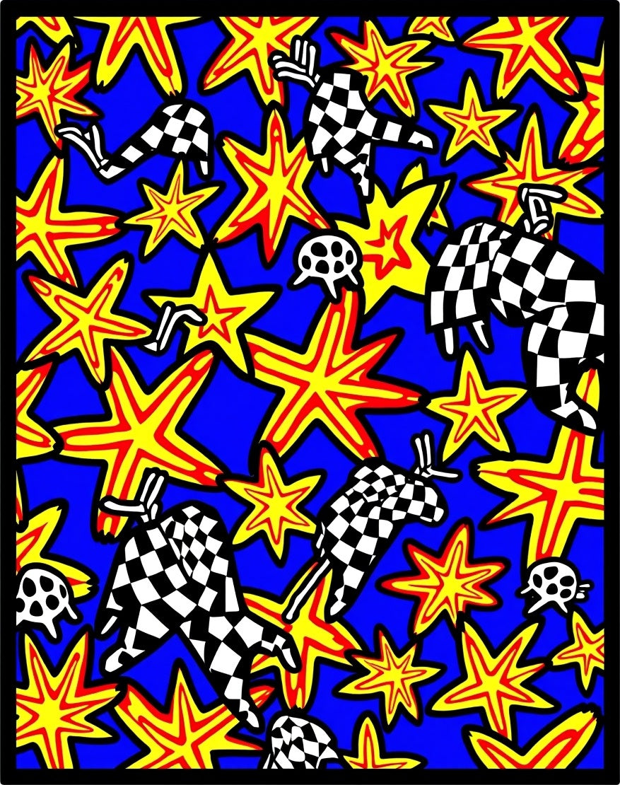 Bold Blue Checkered Starburst Collision Rug