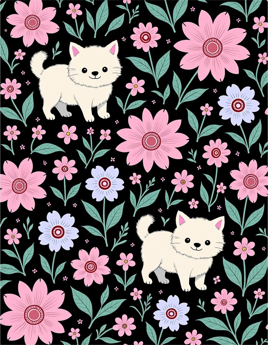 Cute Kitten Floral Botanical Garden Rug