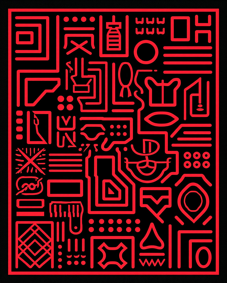 Red Futuristic Circuit Board Graphic Rug