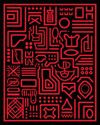 Red Futuristic Circuit Board Graphic Rug