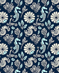 Navy Blue Cream Aqua Seahorse Floral Rug