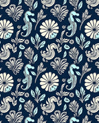 Navy Blue Cream Aqua Seahorse Floral Rug