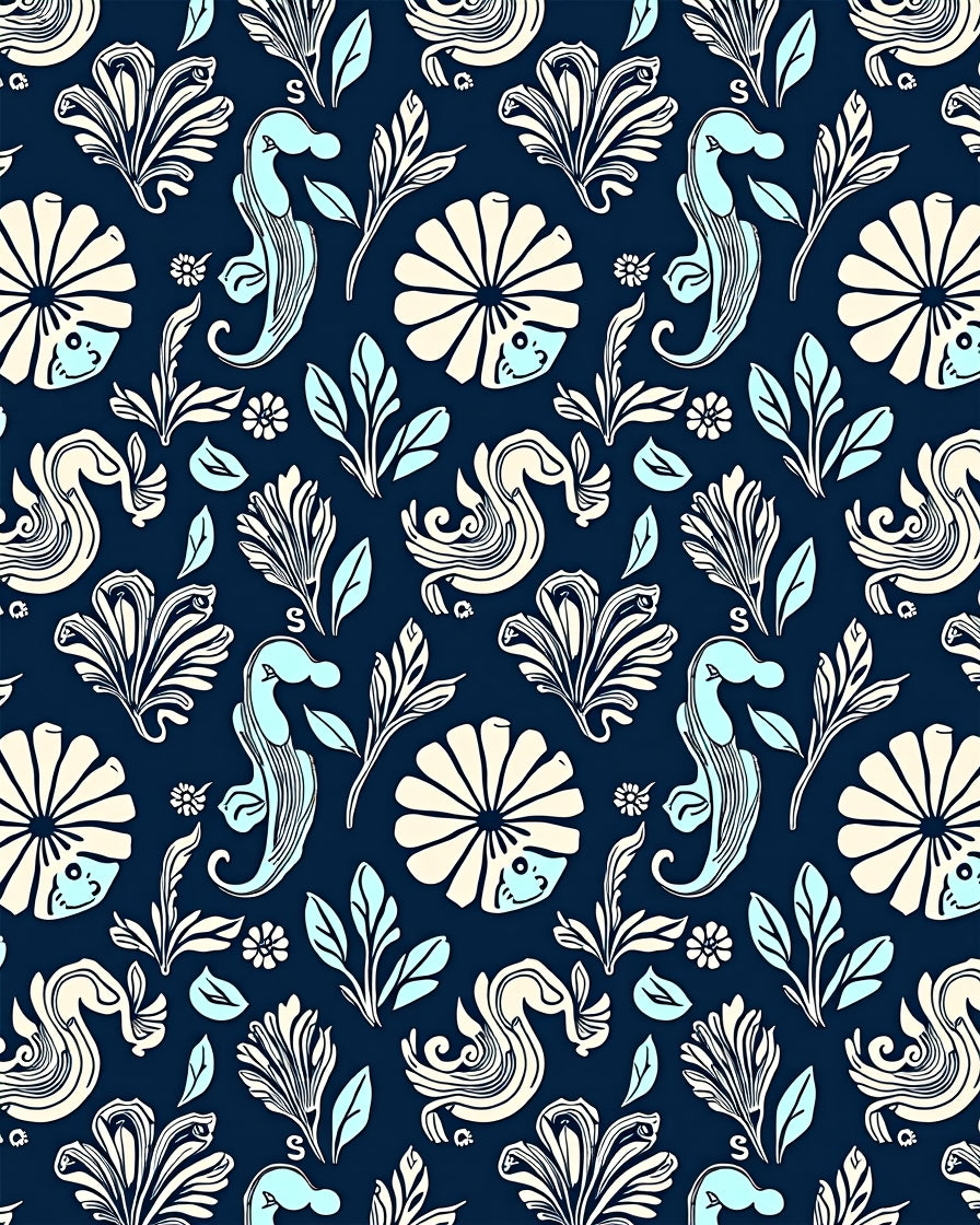 Navy Blue Cream Aqua Seahorse Floral Rug