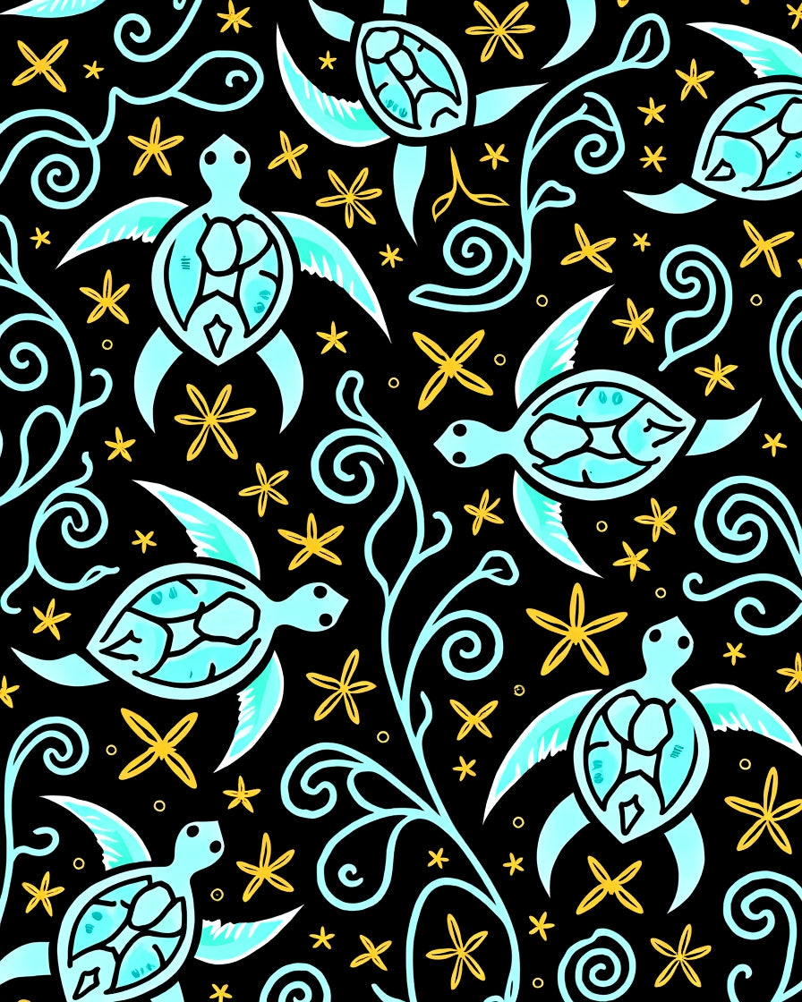 Whimsical Teal Sea Turtle Floral Swirls Rug