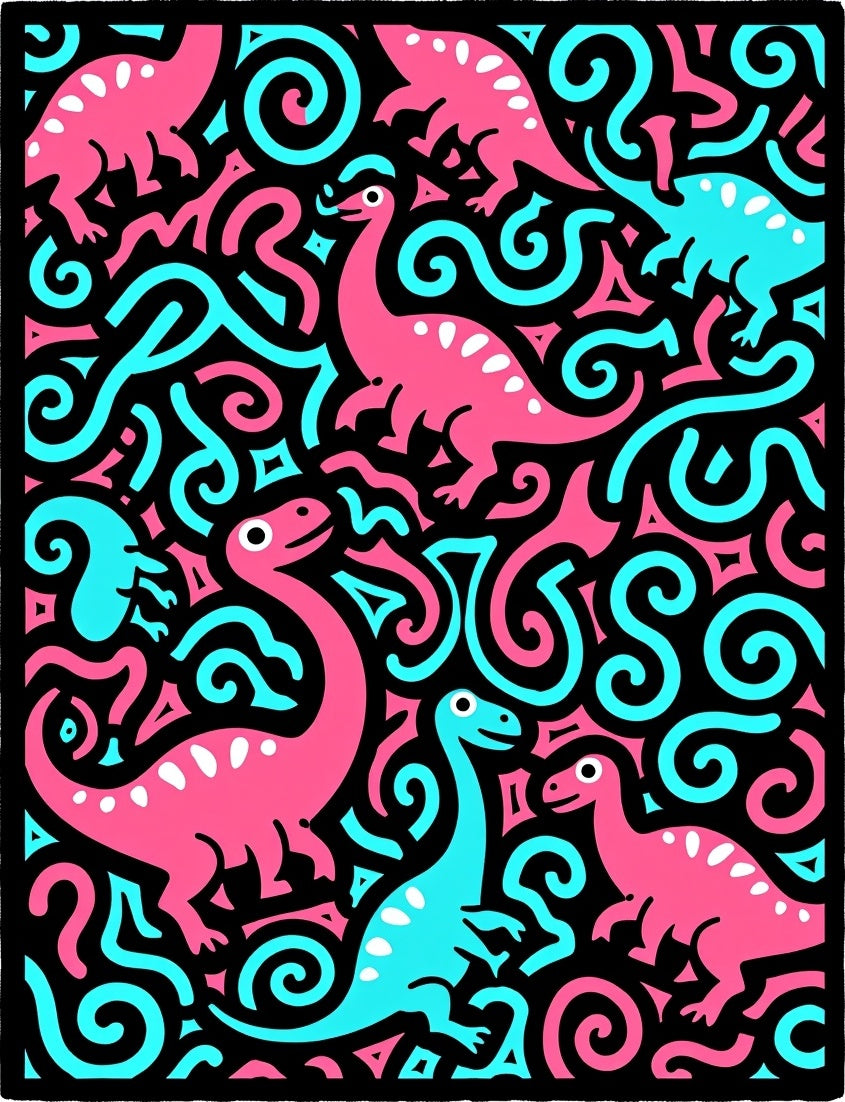 Pink Blue Dinosaurs Swirls Black Background Rug