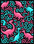 Pink Blue Dinosaurs Swirls Black Background Rug