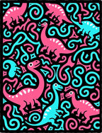 Pink Blue Dinosaurs Swirls Black Background Rug