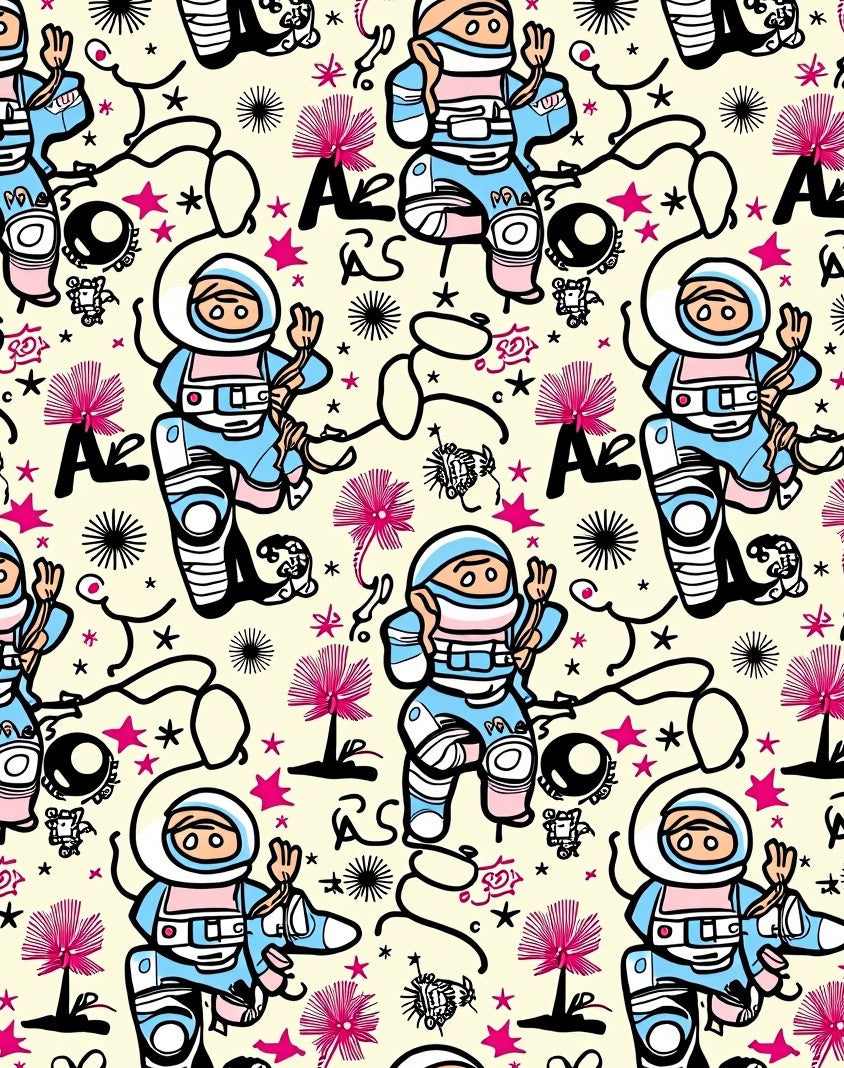 Whimsical Astronaut Space Graffiti Rag Rug