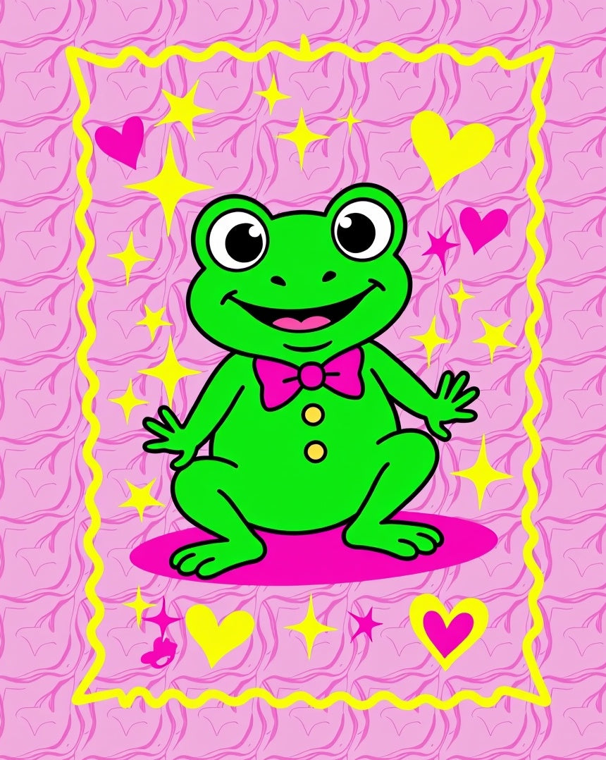 Whimsical Green Frog Pink Bow Hearts Rug