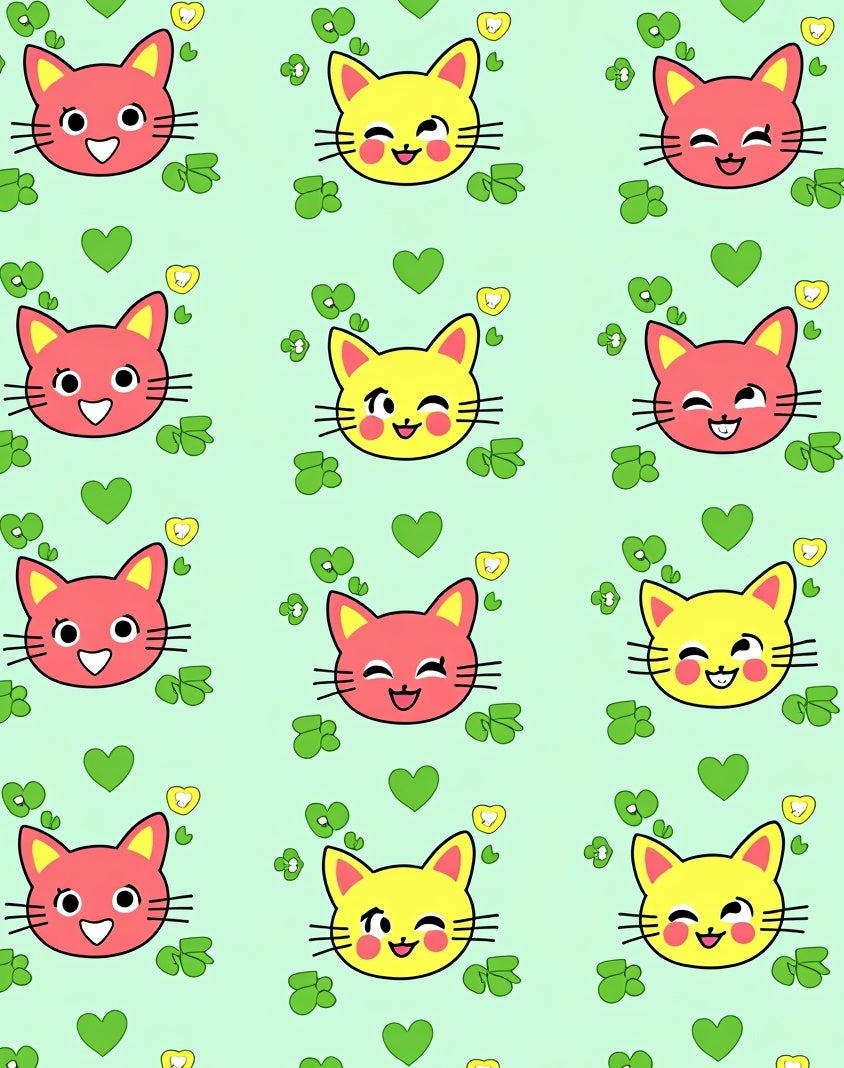 Happy Pink Yellow Cat Hearts Clover Rug