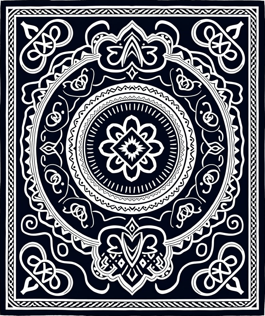 Dark Navy White Intricate Mandala Rug