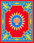 Red Blue Gold Scallop Sun Floral Rug