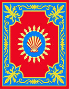 Red Blue Gold Scallop Sun Floral Rug