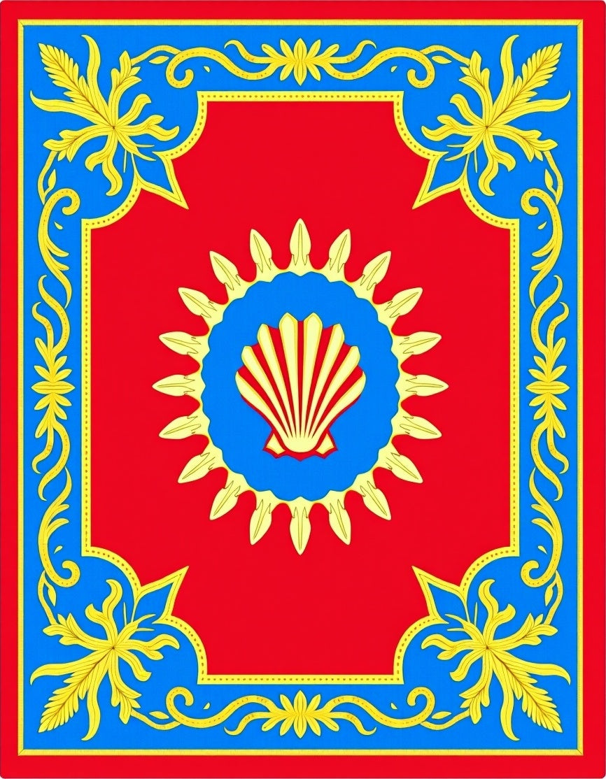 Red Blue Gold Scallop Sun Floral Rug
