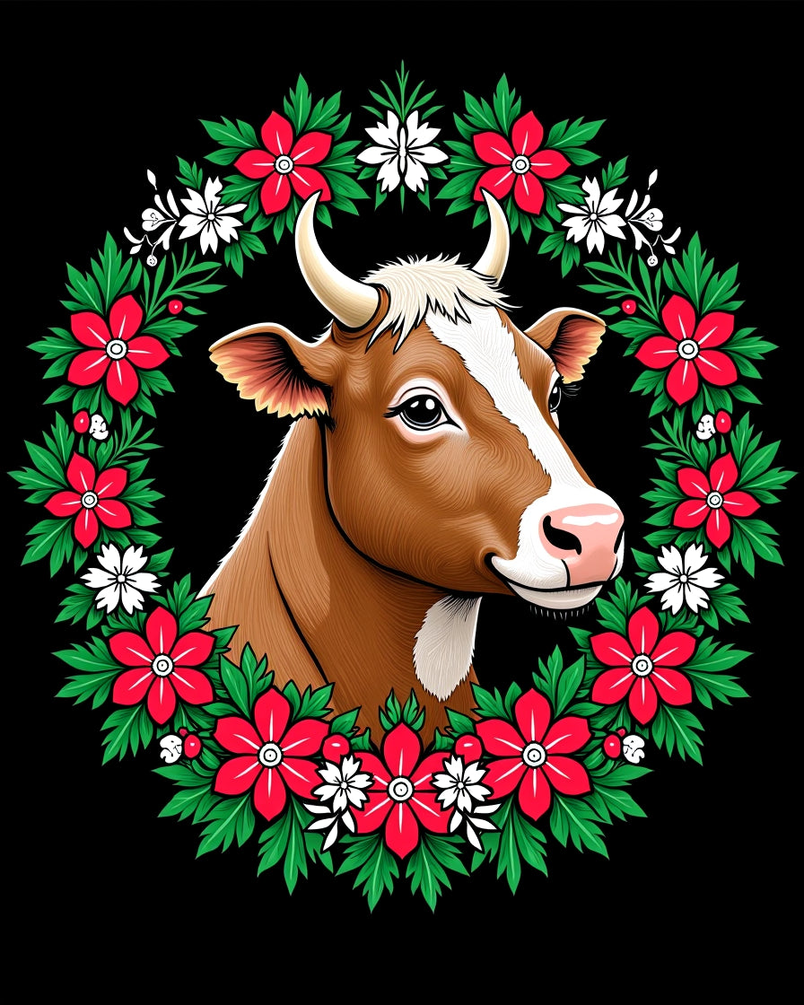 Festive Brown Cow Red Floral Wreath Rug