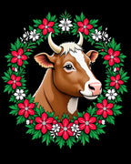 Festive Brown Cow Red Floral Wreath Rug