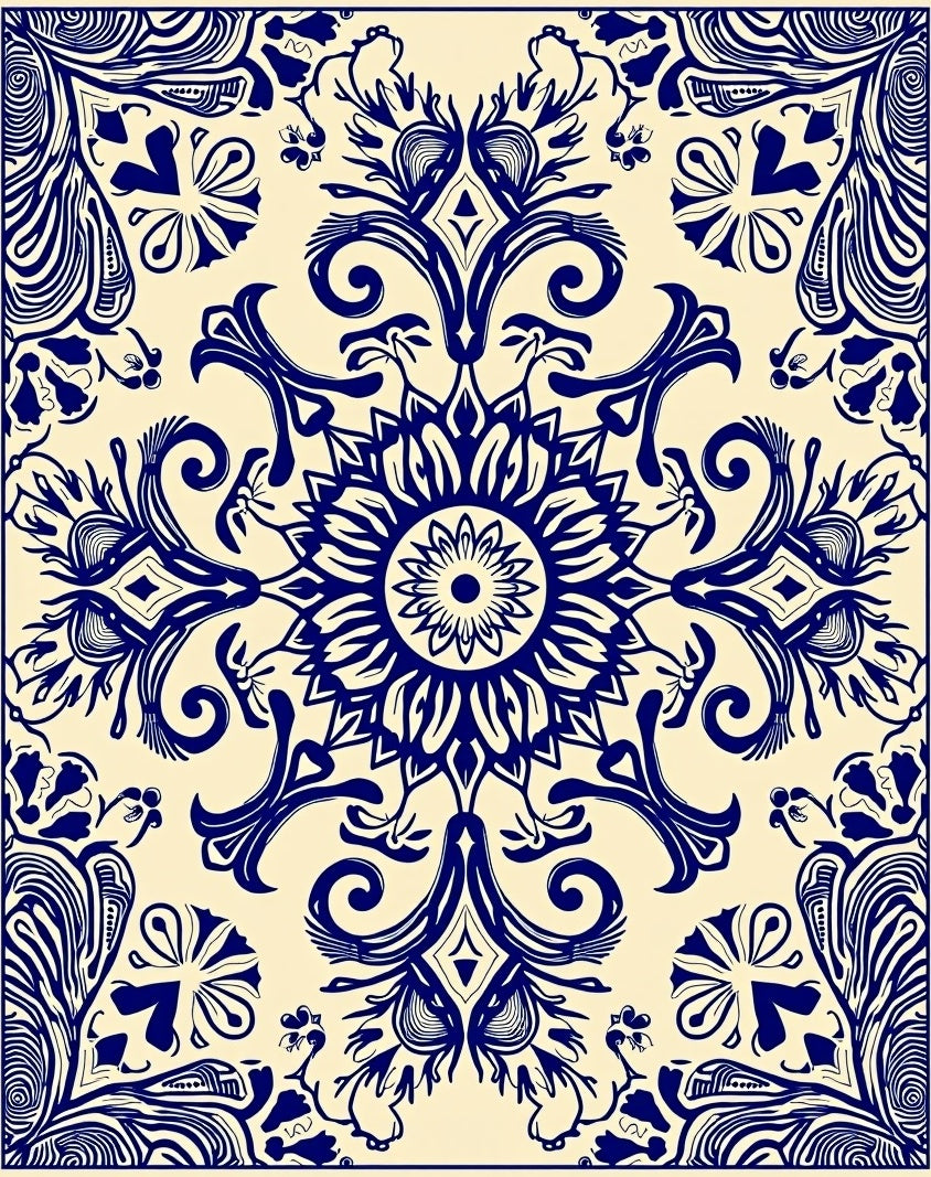 Navy Blue Floral Mandala Cream Rug