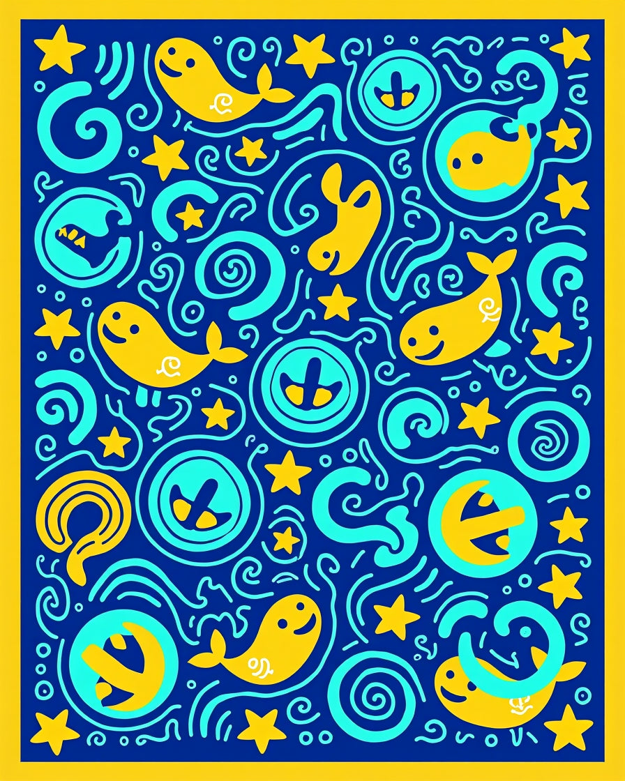 Whimsical Yellow Whale Ocean Swirl Rug