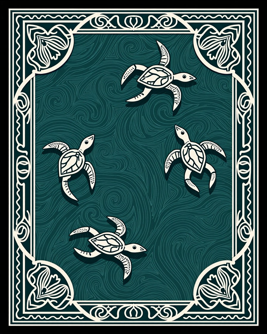 Oceanic Teal Turtle Swirl Border Rug