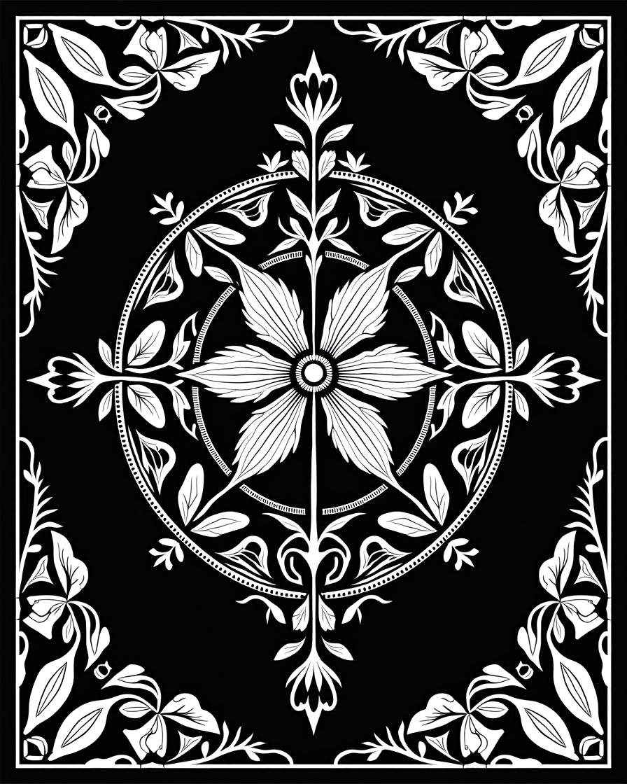 Black White Floral Medallion Art Rug