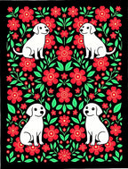 Black Red Floral White Dog Arrangement Rug