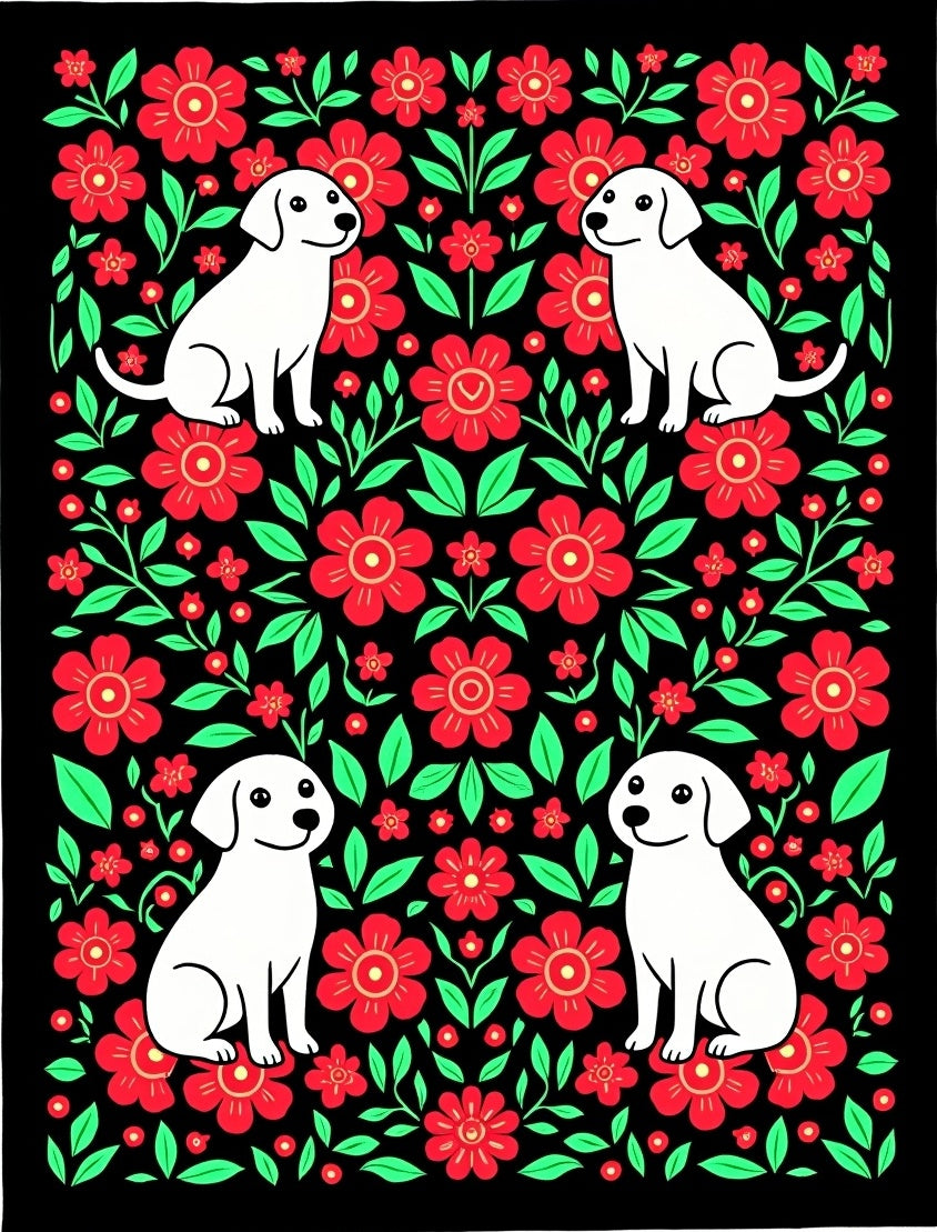 Black Red Floral White Dog Arrangement Rug