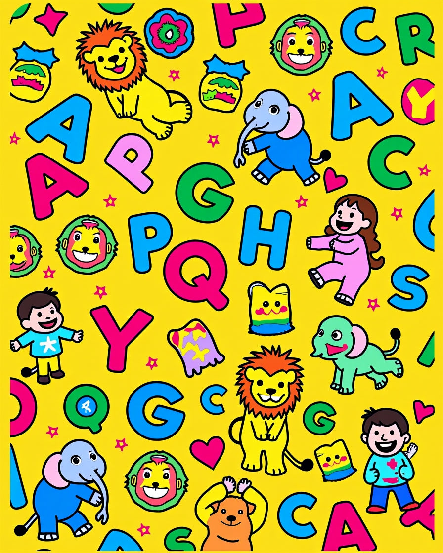 Whimsical Alphabet Animals Yellow Rug