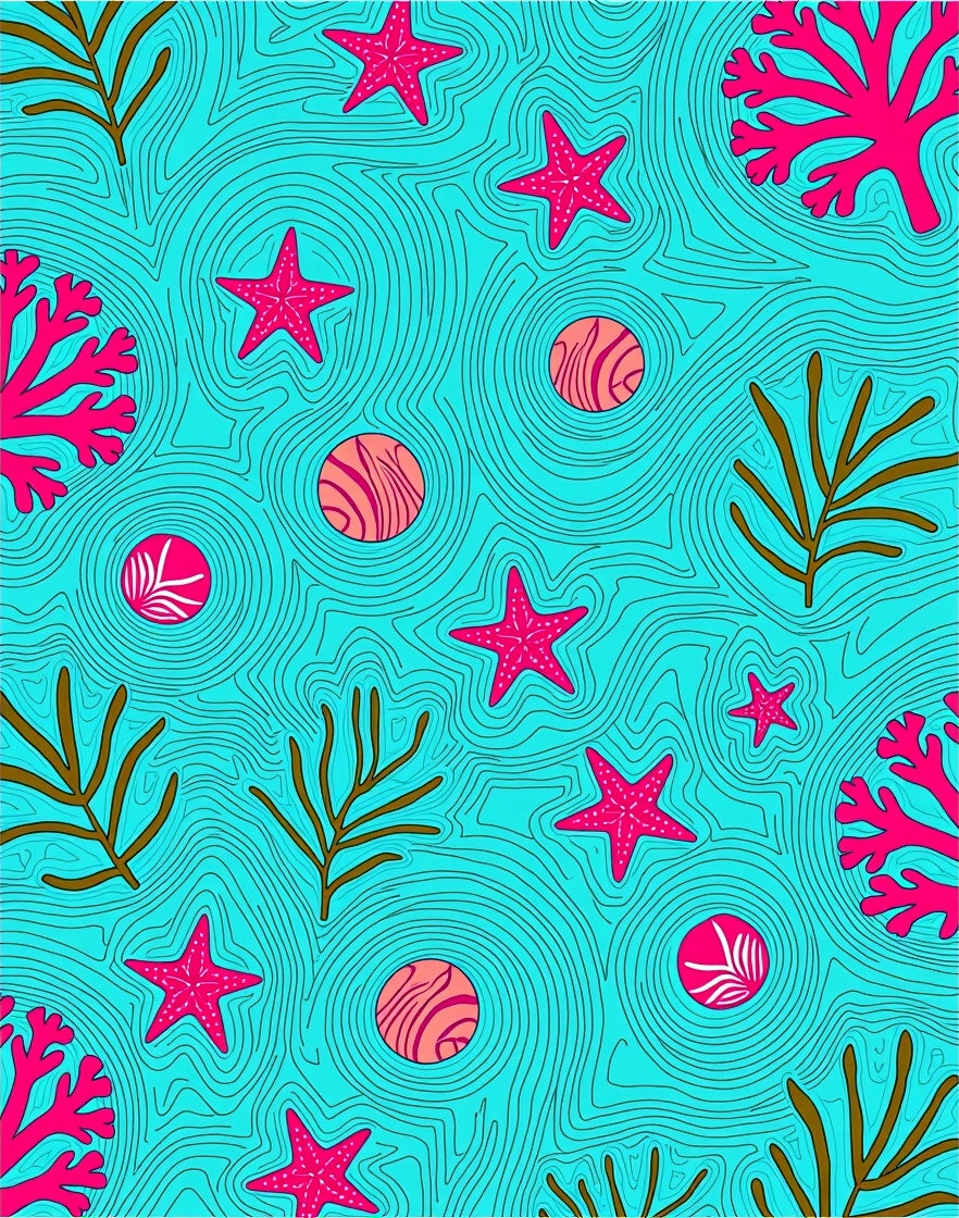 Vibrant Coral Starfish Ocean Waves Rug