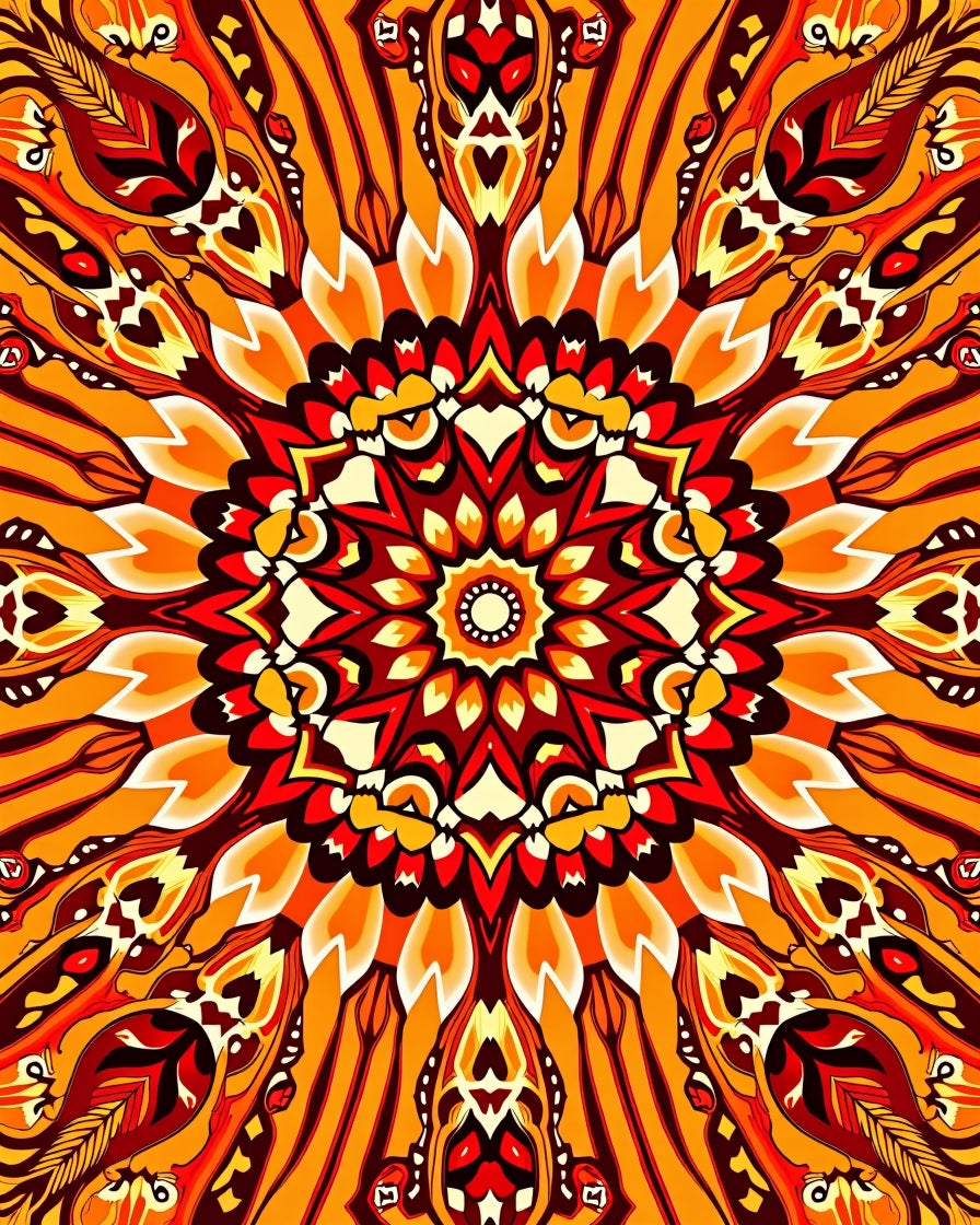 Vibrant Fire Mandala Reflection Rug