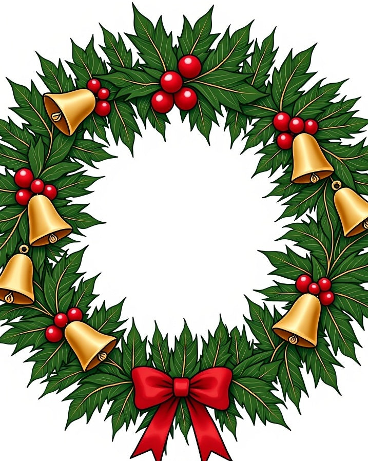 Classic Green Holly Bells Red Bow Wreath Rug